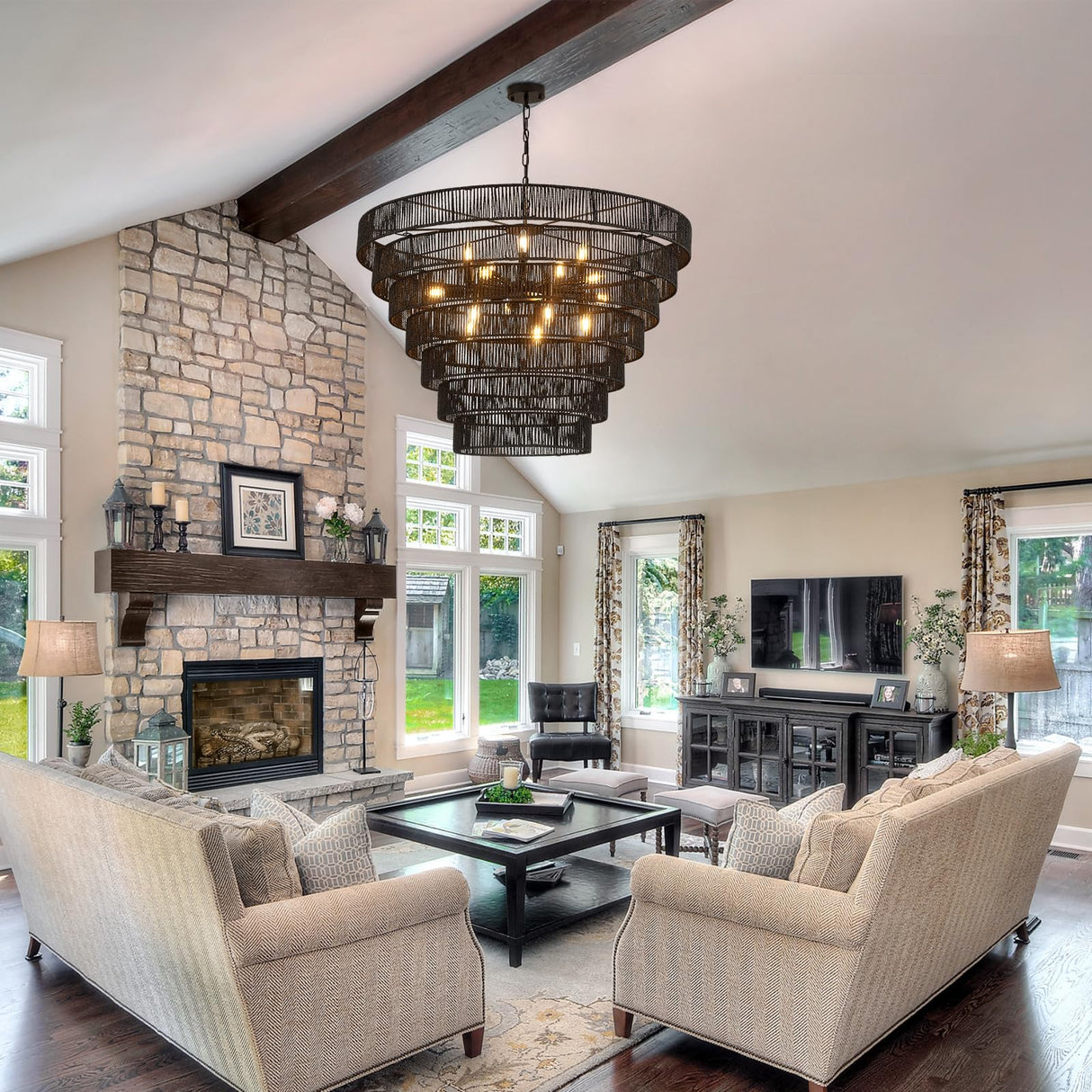 YOMECOO 39.4“ Large Hand-Woven Rattan Chandelier Vintage Farmhouse 15-Lights Boho Bamboo Black Chandeliers Light Fixture Retro Drum Wicker Rattan Chandelier for Dining Room, Living Room, Kitchen, E12 YOMECOO