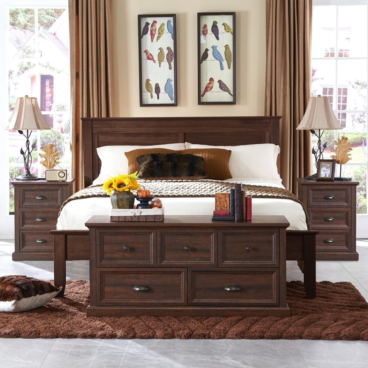 IFGET Farmhouse Nightstand with Charging Station, 3 Drawer Dresser for Bedroom, Rustic Wood Bedside Table with Drawers, Small End Table Side Table for Living Room, Closet, Hallway, Brown IFGET