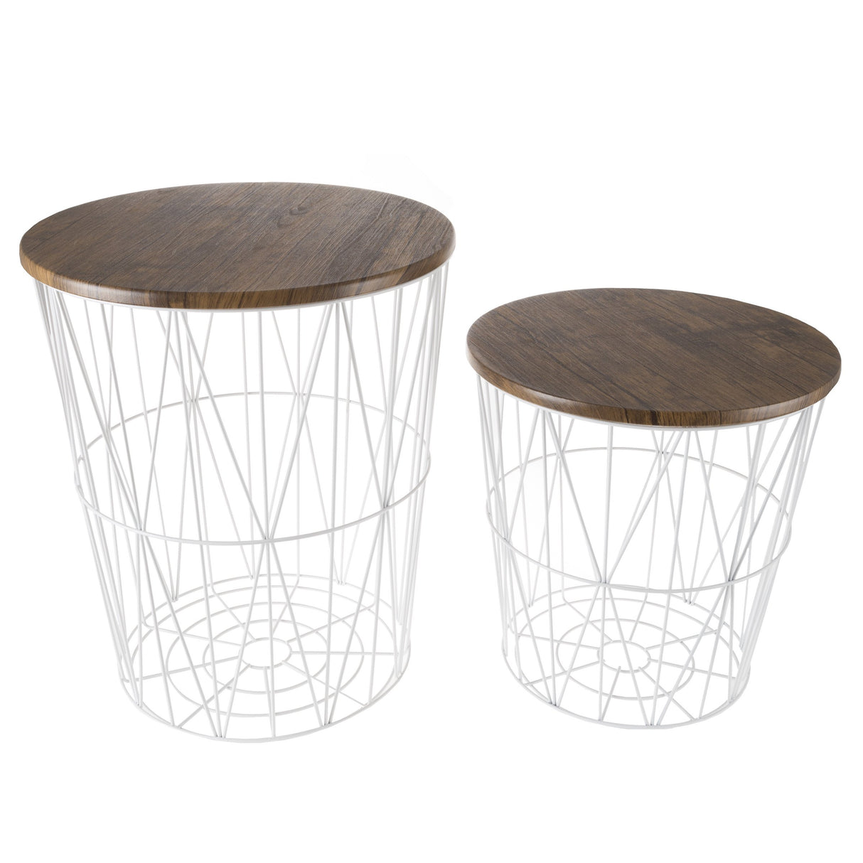 End Tables Set of 2 - Nesting Tables with Removable Wood Tops and Metal Basket Bases for Blanket Storage - Round Side Furniture for Living Room, Bedroom, or Home Office by Lavish Home (Brown/White) Lavish Home