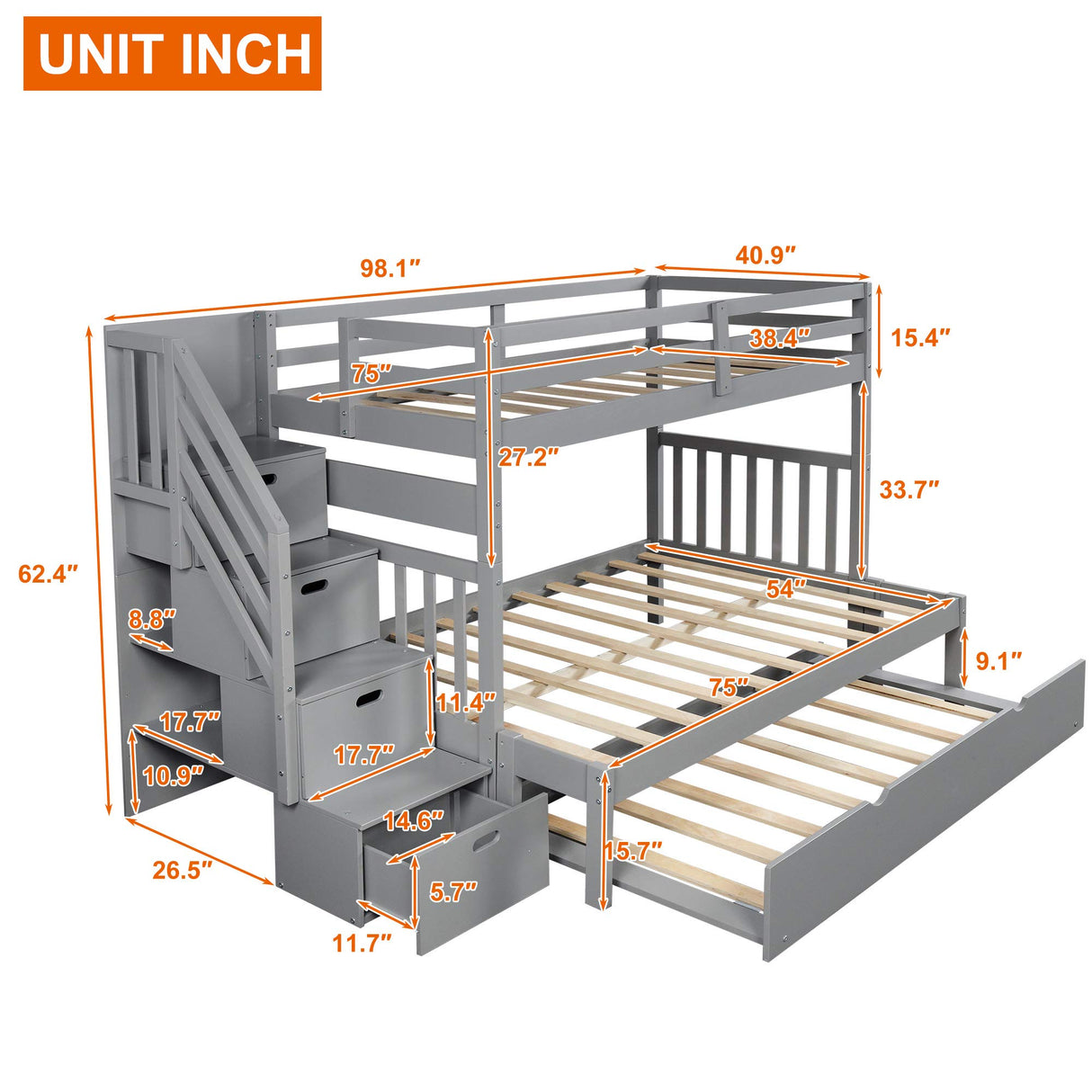 Harper & Bright Designs Stairway Twin Over Twin/Full Bunk Bed with Twin Size Trundle and Drawers, Solid Wood Bunk Bed Staircase Can be Placed on The Left or Right Side (Grey) Harper & Bright Designs