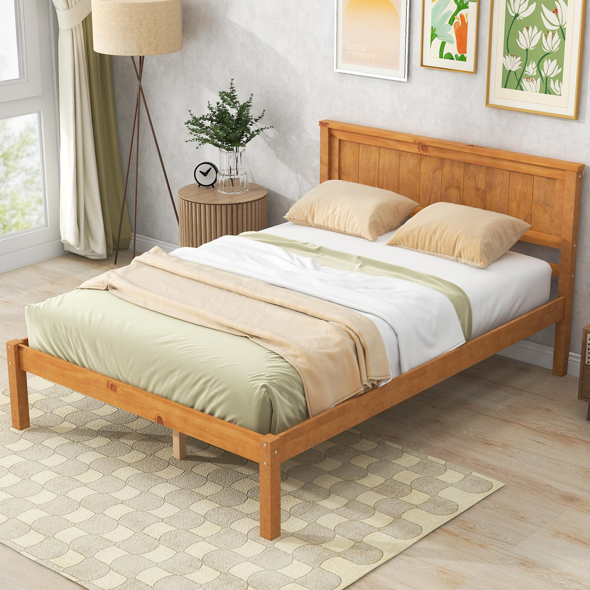 P PURLOVE Full Size Bed Frame,Solid Wood Platform Bed with Headboard,No Box Spring Needed,Oak P PURLOVE