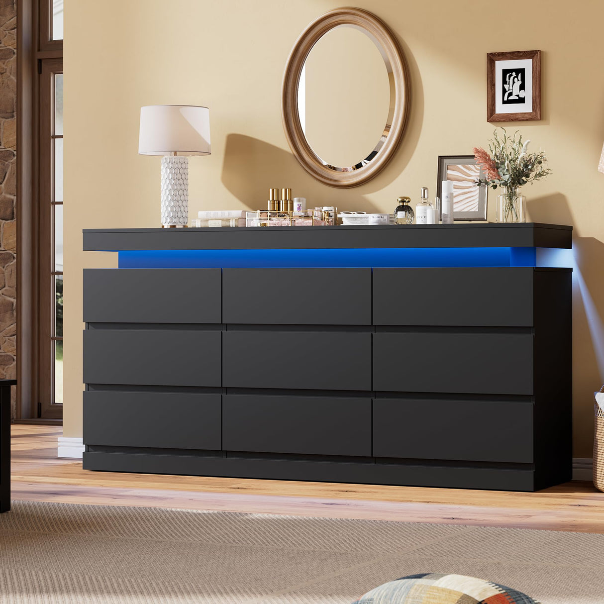 Garvee 9 Drawer Dresser for Bedroom - 63” Wide Chest of Drawers with LED Light and Charging Station, Large TV Stand Multi-Function Home Organizer for Living Room, Entryway, Hallway, Black Garvee