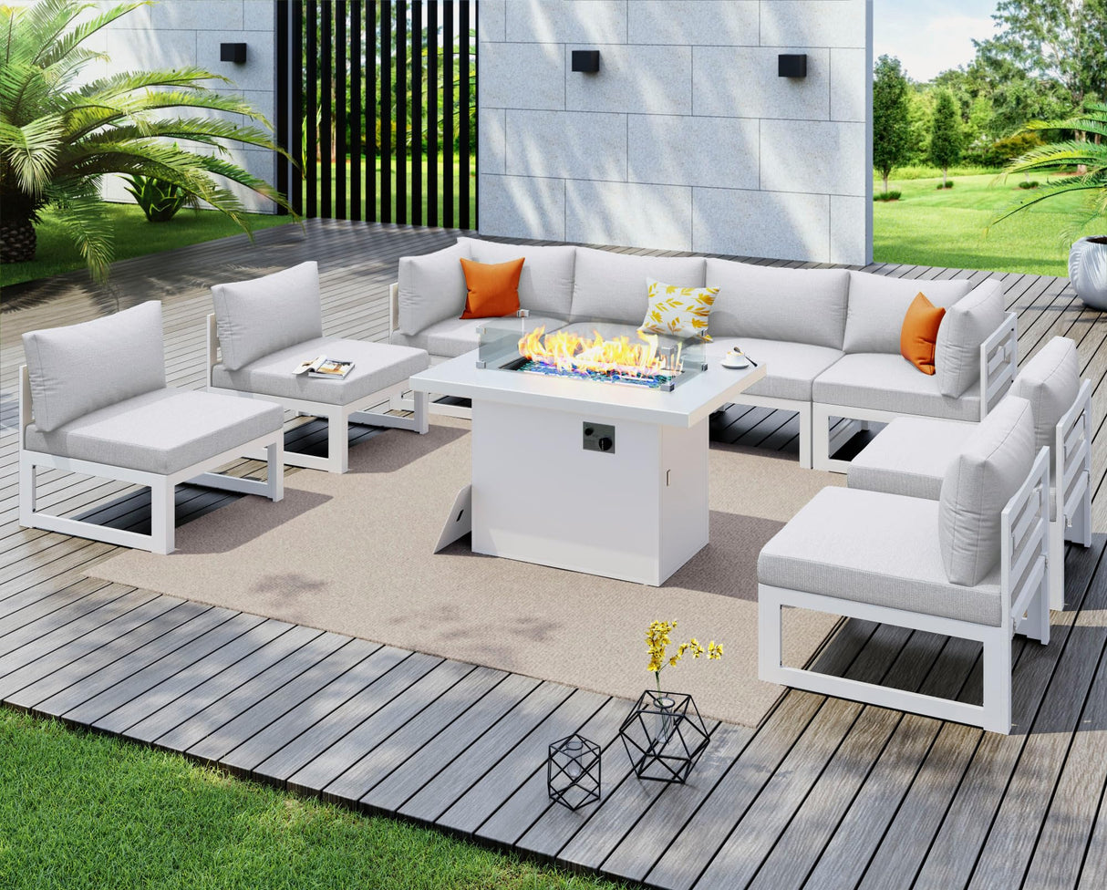 NICESOUL 9 Piece Luxury Aluminum Outdoor Sectional Sofa with Fire Pit Table, Oversized L Shaped Patio Furniture Set, 29" Deep Wide Seating, 500 lbs Heavy Duty Conversation Set for Backyard, Light Grey NICESOUL