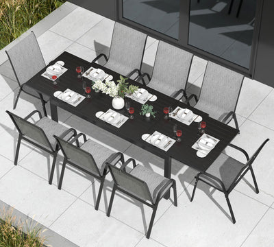 PIZZELLO 9 Pieces Outdoor Dining Set, 106" Aluminum Extendable Patio Dining Table w/ 8Pcs Stackable Textilene Chairs, All Weather Outdoor Table and Chairs Sets for Backyard, Garden, Deck and Poolside