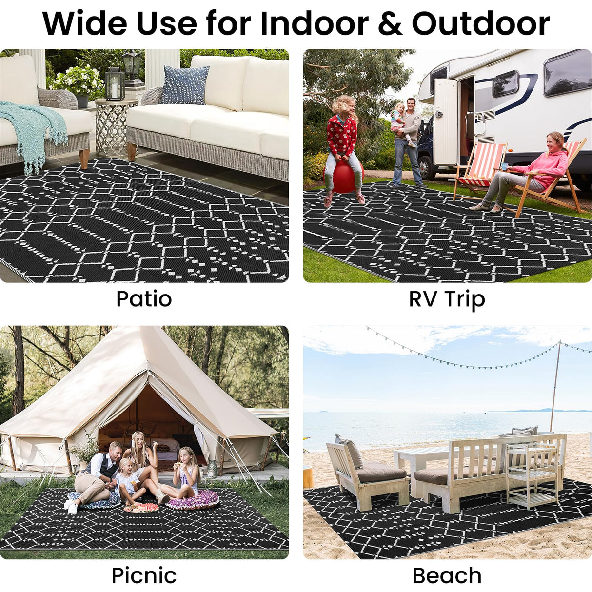 Smiry Outdoor Rug 5x8 ft, Waterproof Reversible Plastic Straw Rugs, Boho Outdoor Area Rug, Outside Floor Mat for Patio, Backyard, Deck, Picnic, Beach, Camping, Black Smiry