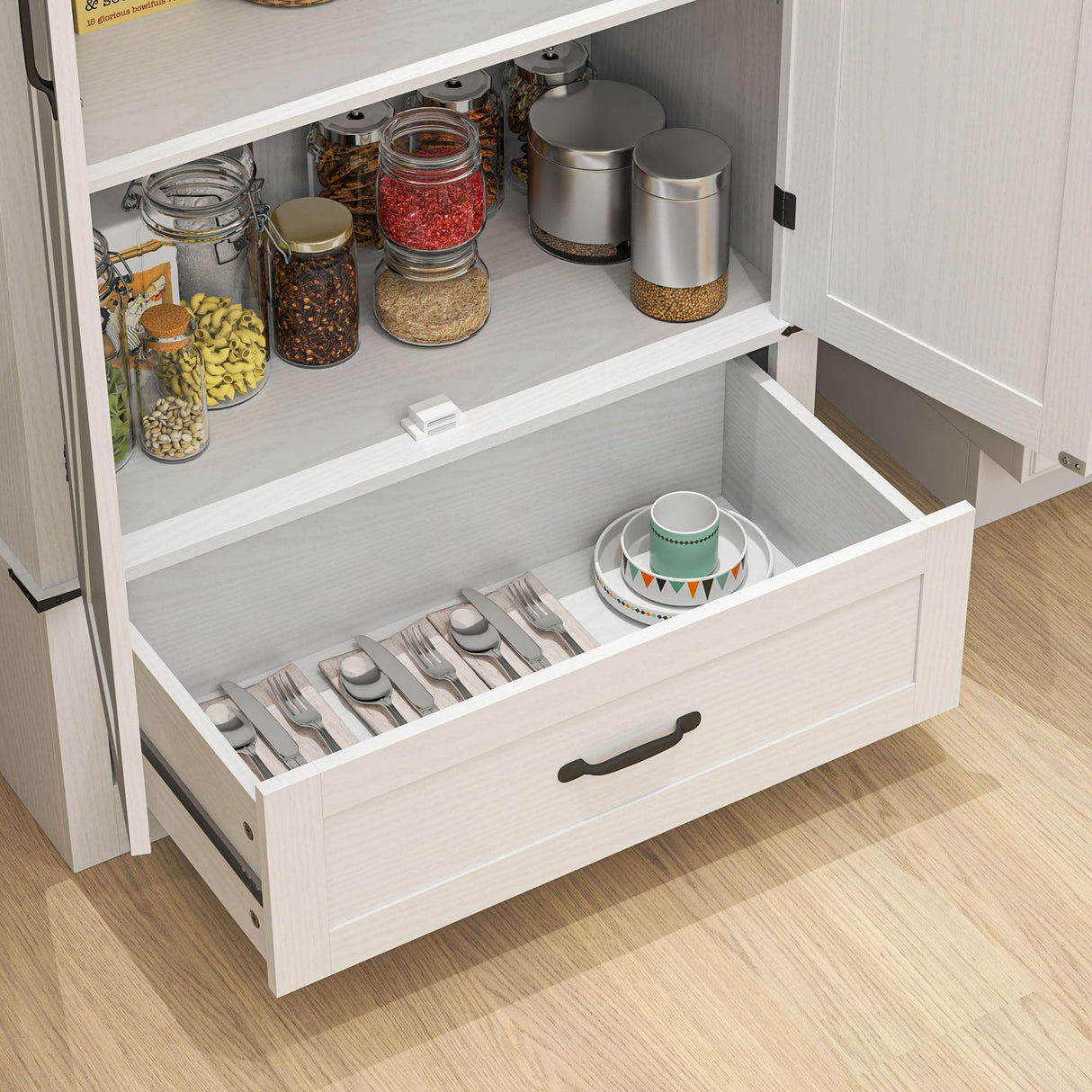 HOMCOM 72" Tall Farmhouse Kitchen Pantry Cabinet - Kitchen Storage Cabinet with Adjustable Shelves & 2 Barn Doors & Drawer, Versatile Storage Unit for Dining Room, Distressed White HOMCOM