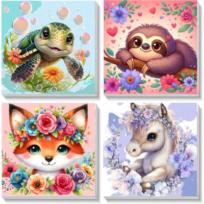 4 Pack Animal Paint by Number for Kids with Wooden Frame, Paint by Numbers for Kids Animals Ages 4-8-12, Easy Sloth Fox Sea Turtle Horse DIY Acrylic Oil Painting Kits for Home Wall Decor (8X8 inch)