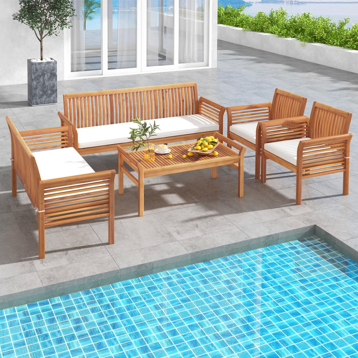 Tangkula 5 Piece Patio Furniture Set, Acacia Wood Conversation Set with 3-Seat Bench, Loveseat, 2 Armchairs & Coffee Table, Cushioned Outdoor Chair Set for Porch, Balcony (Off White) Tangkula