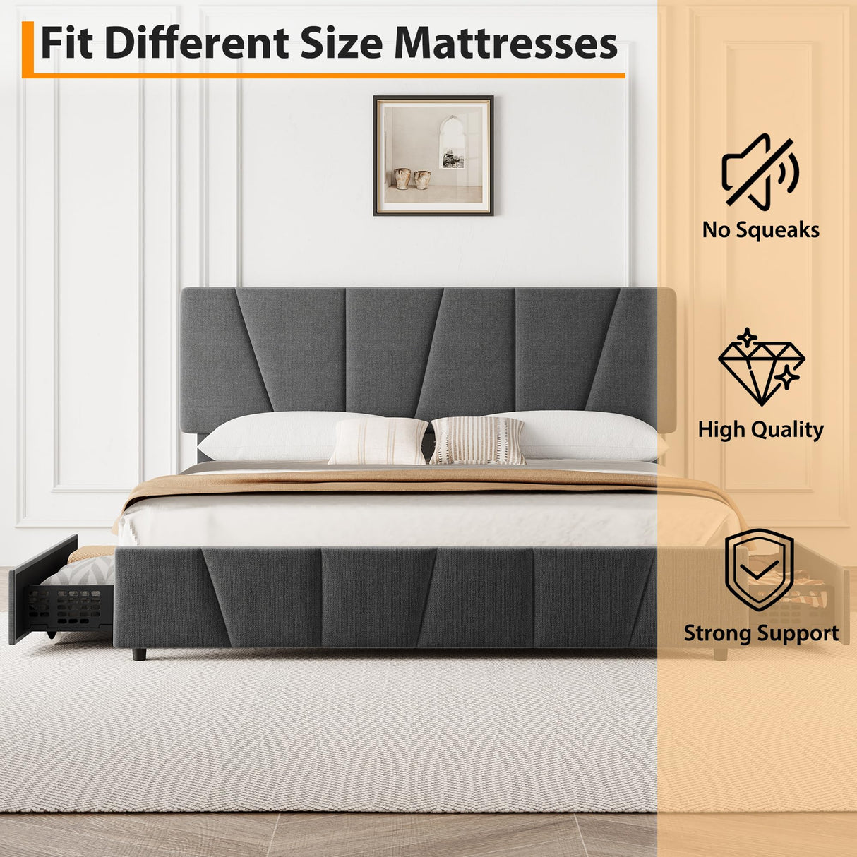 GarveeHome Full Size Bed Frame with Adjustable Headboard and 4 Storage Drawers, Velvet Upholstered Tufted Full Platform Bed Frames with Wooden Slats Support, Full Bedframe No Box Spring Needed, Grey GarveeHome