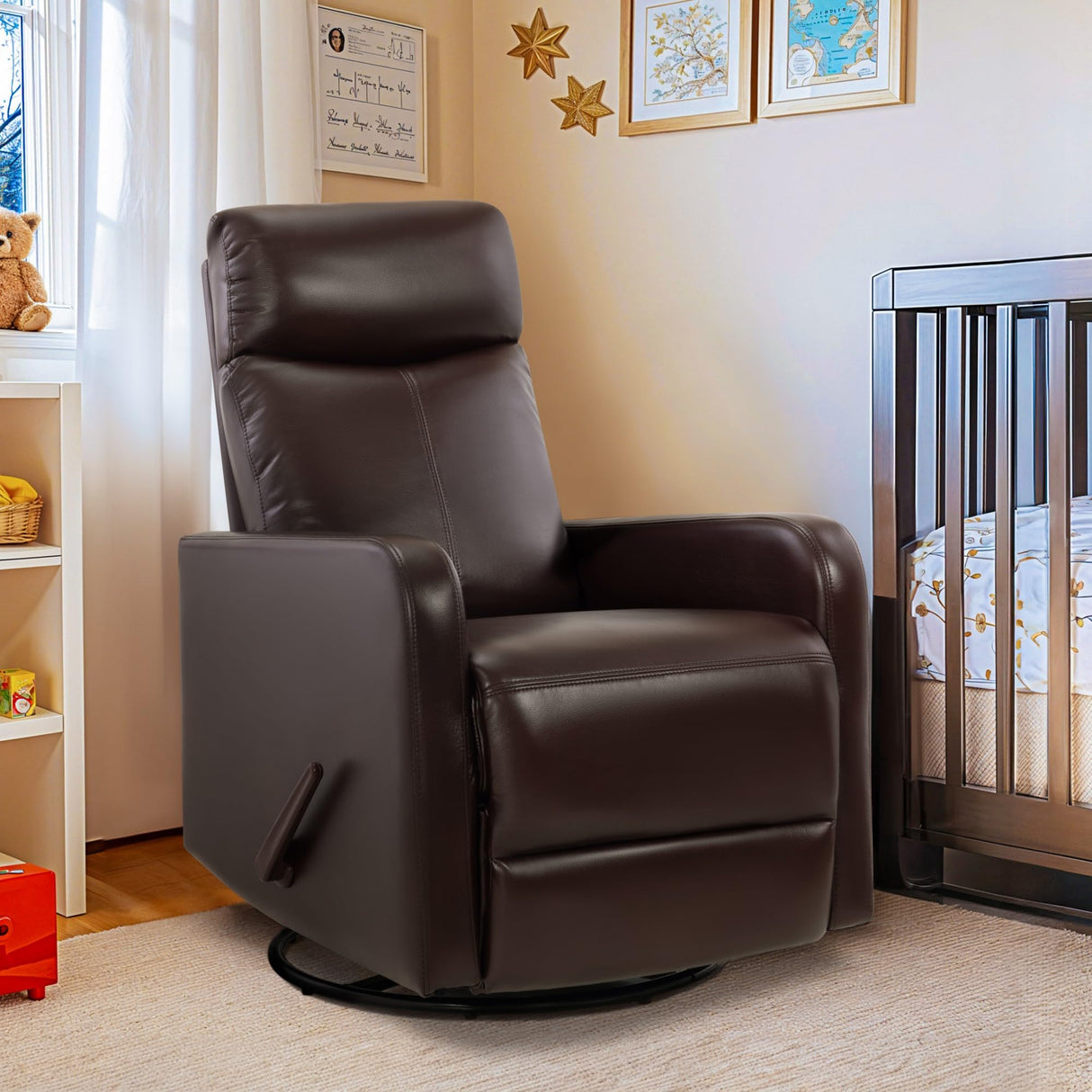 Neioml Swivel Rocking Recliner Chair for Small Space, Manual Swivel Glider Recliner for Nursery,RV,Rocking Recliner with Footrest and Side Pocket,Breathable Leather,Dark Brown Neioml