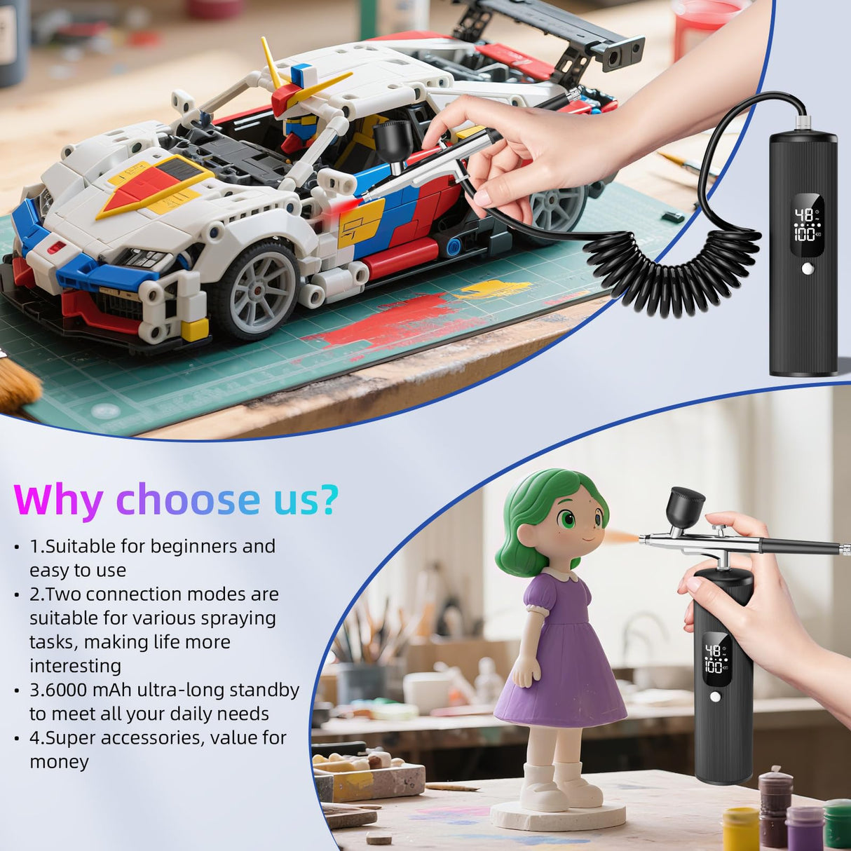 Airbrush Kit with Compressor - 48PSI High Pressure, Non-Clogging Air Brush Set, 6000 mAh Extra Long Standby, Ideal for Painting, Modeling, Cake Decorating, Pastry, Makeup and Nail Art INVIMENT