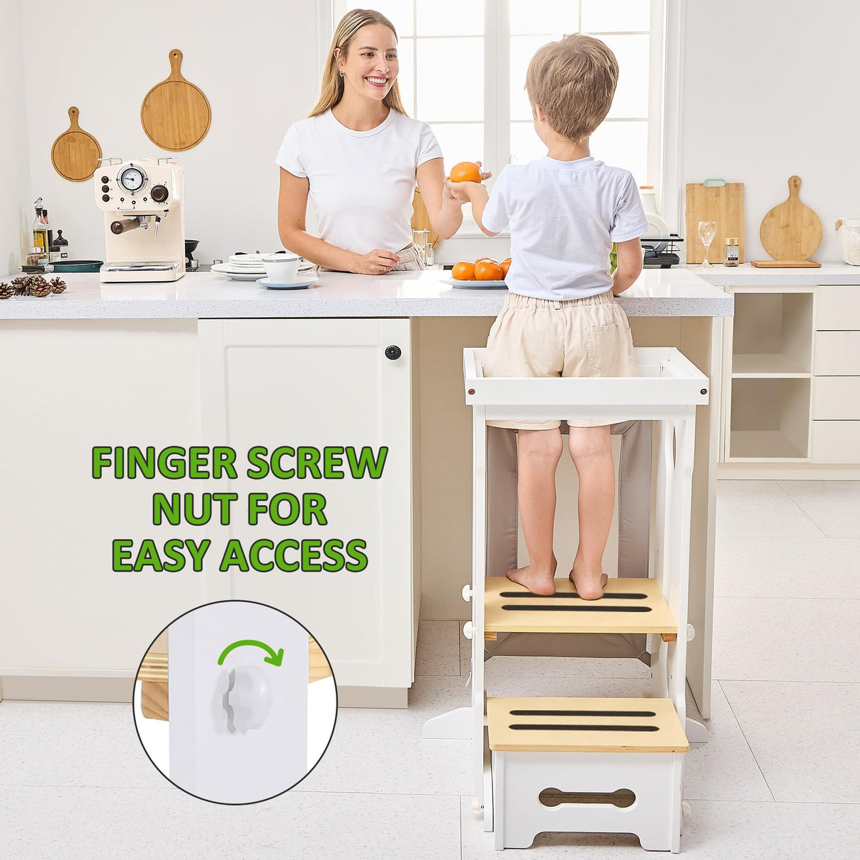 Bateso Toddler Standing Tower, Adjustable Height Toddler Kitchen Stool Helper for Kids 1-6, Toddler Kitchen Step Stool with 2 Detachable Nets, Wooden Montessori Toddler Tower for Kitchen Counter Bateso