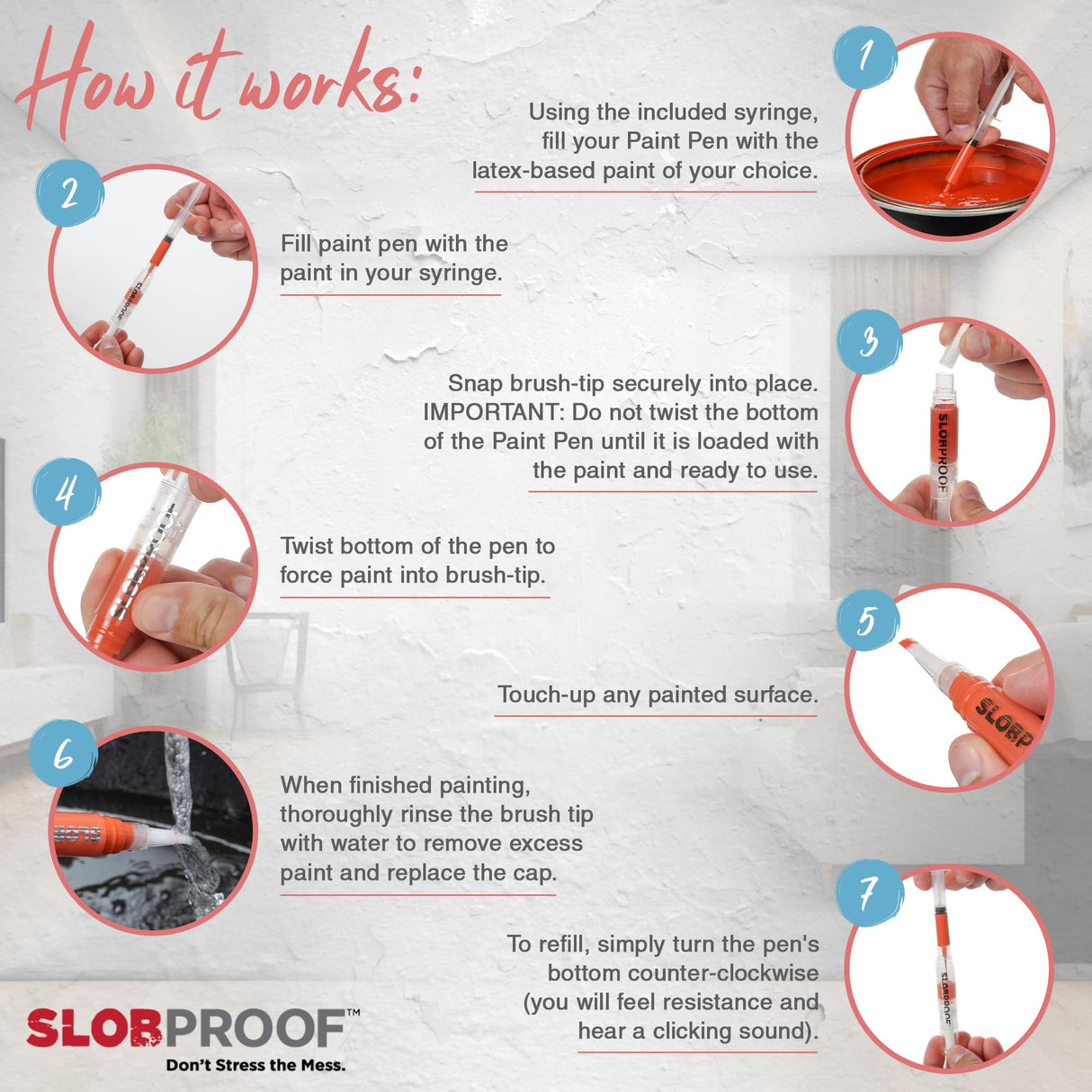 Slobproof Touch-Up Paint Pen - Refillable Paint Brush Pens - Touch-Up Paint Pens for Walls, Window, Wood - Fillable Paint Pens w/ Any Paint Types (Fill with Own Paint for a Precise Match), 5-in-1 Pack Slobproof