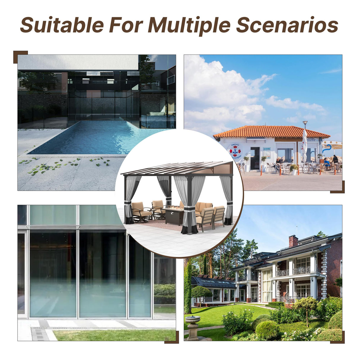 Gotland 10FTx12FT Outdoor Wall-Mounted Hardtop Pergola, Metal Frame Gazebo with Sloping Sun Panel Roof and Double Curtains for Patio, Garden, Lawn, Grey Gotland