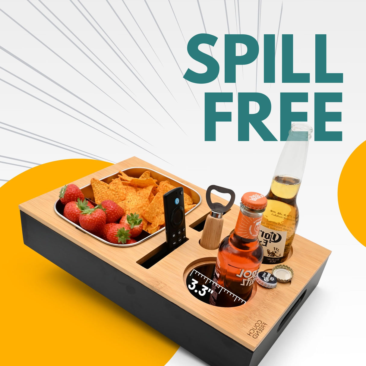 D&D Living® Couch Caddy - Bamboo Couch Console | Anti-Spill Drink and Cup Holder | Snack Organizer Tray for Sofa with Bottle Opener D&D Living