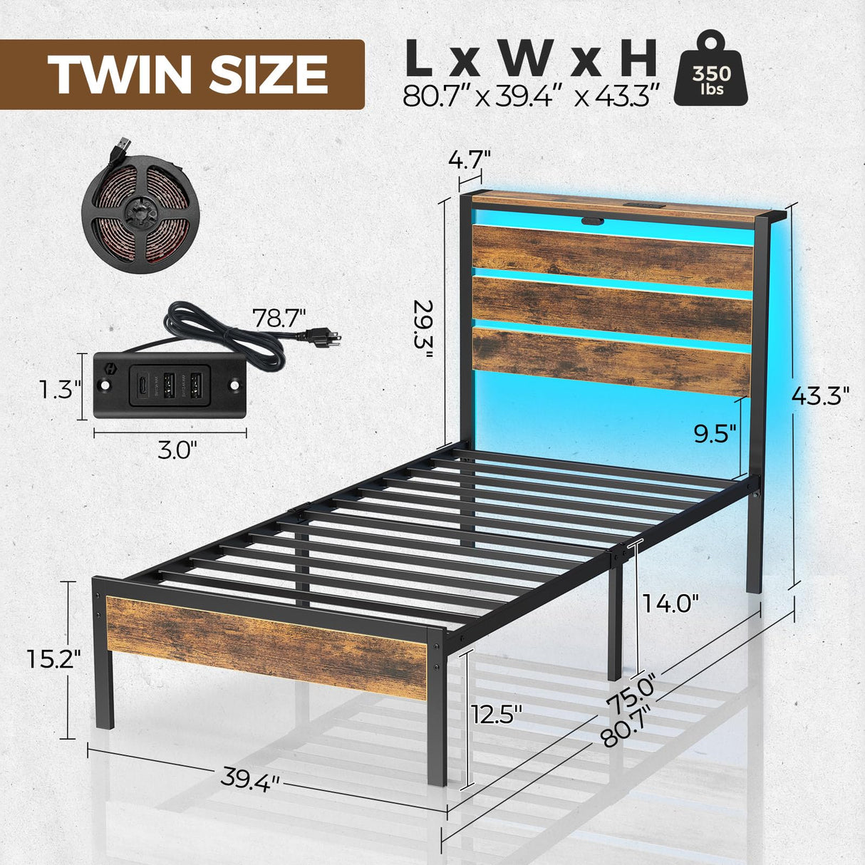 Rolanstar Bed Frame Twin Size with USB Charging Station, LED Bed Frame with Wood Storage Headboard, Rustic Brown Metal Platform Bed with Under Bed Storage, No Box Spring Needed, Noise Free Rolanstar