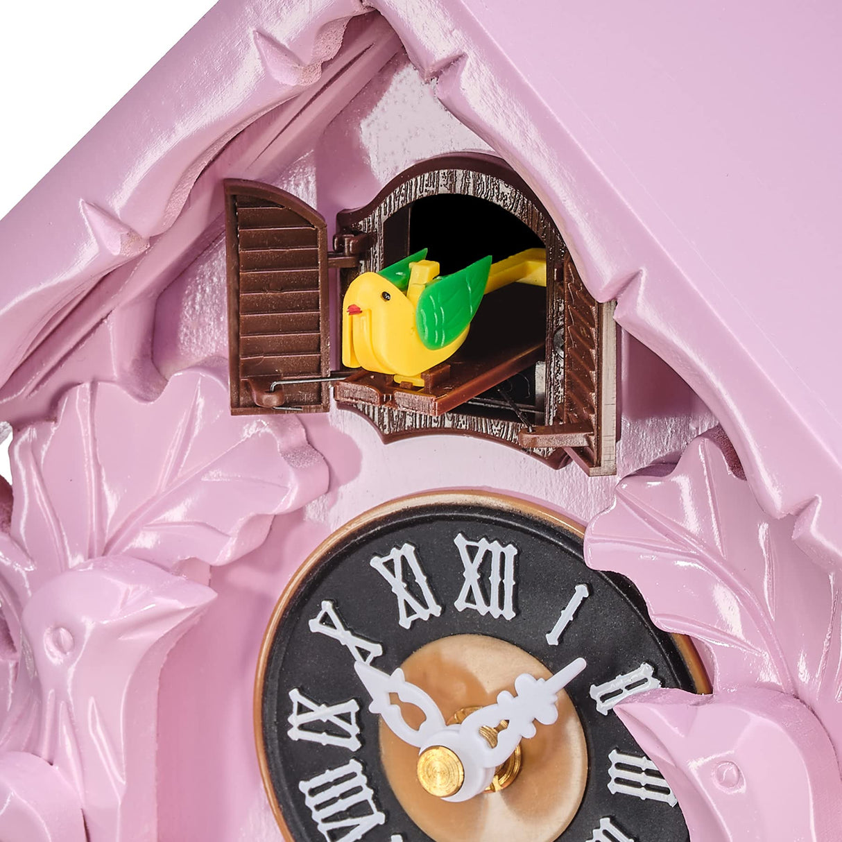TIMEGEAR Cuckoo Clock with Night Mode, Singing Bird, Wooden Decorations and Swinging Pendulum (Pink) TIMEGEAR