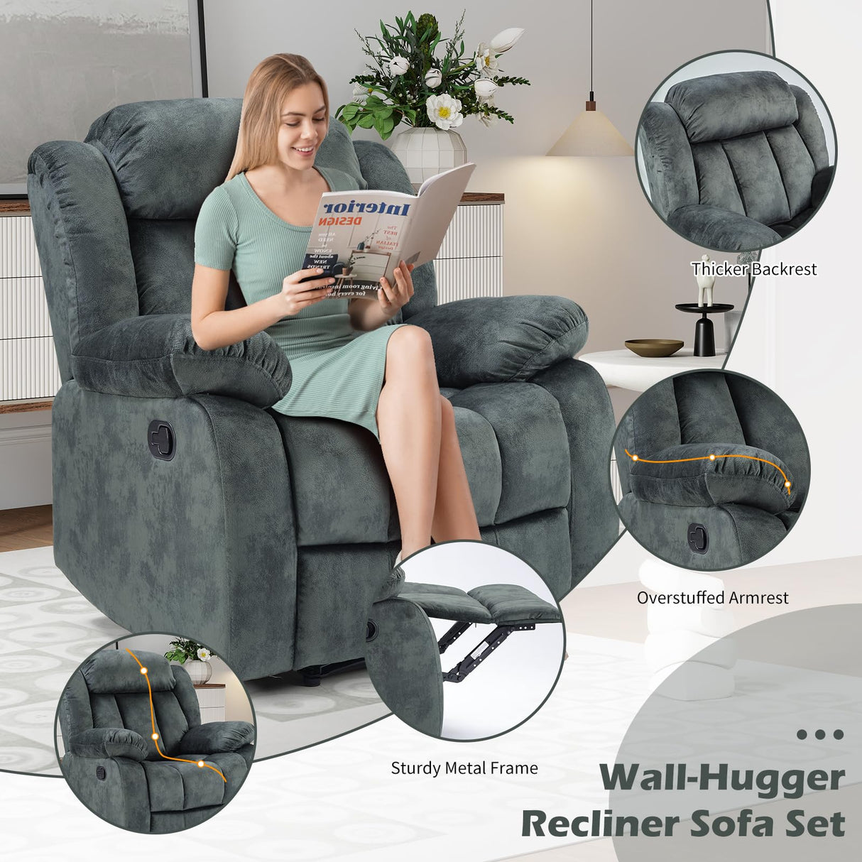 INZOY Manual Recliner Chair with Padded Armrest, Wall-Hugger Single Sofa Recliners with Overstuffed Back, Classical Fabric Reclining Chairs for Living Room Theater Seating, Grey INZOY