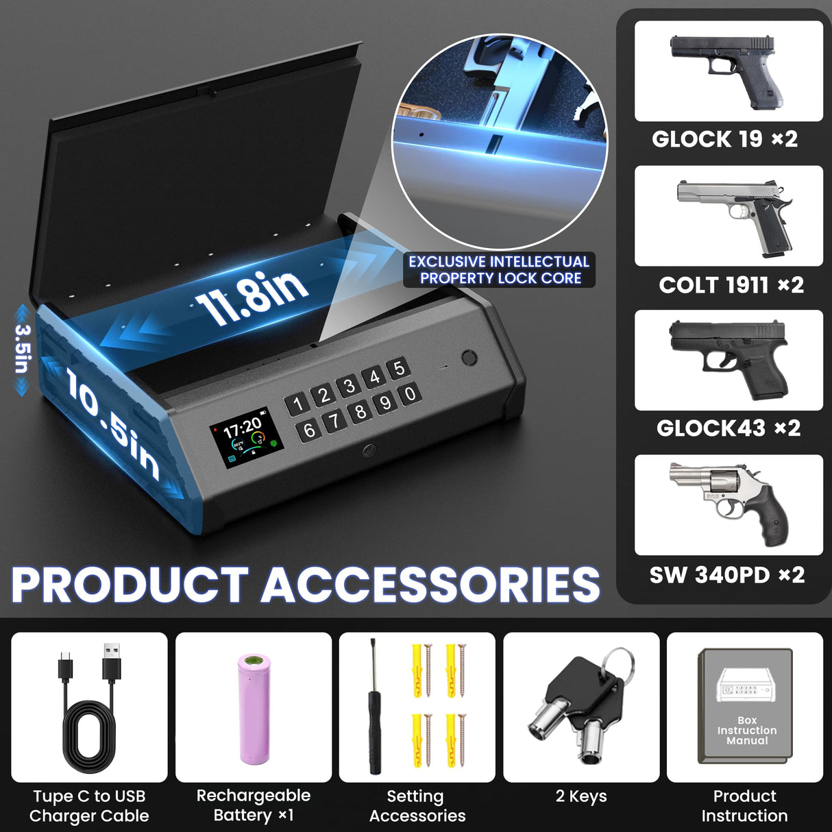 Smart Gun Safe, 4 Ways Biometric PistolRechargeable Safe withFingerprint/Keypad/Key/APP Lock, APPControl, LCD Display, Emergency PowerSupply Handgun Lock Box for HomeBedroom, Car soliles