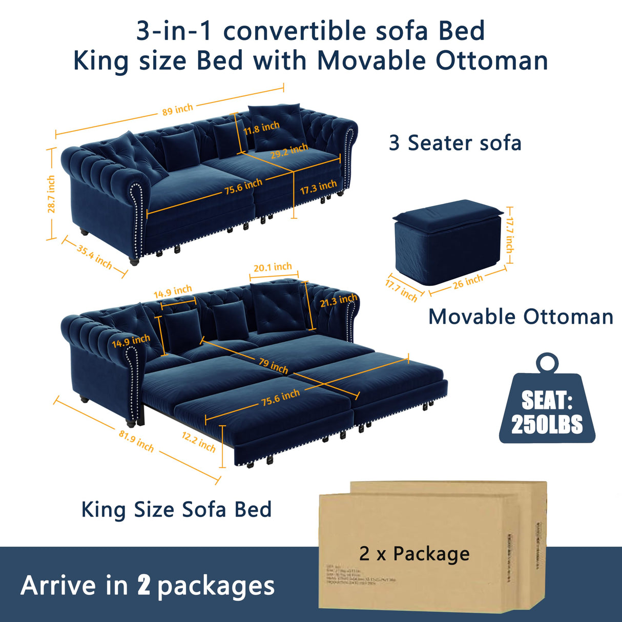 LuxyHoom 89" King Pull Out Sofa Bed, Velvet Chesterfield Sleeper Sofa Couch, 3 in 1 Convertible Tufted Futon Couches with Ottoman for Living Room, Small Space, Apartment, Office, Bedroom, Blue LuxyHoom