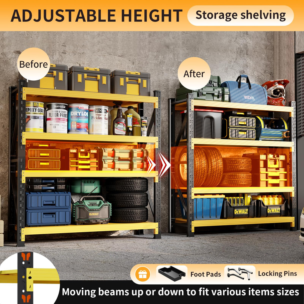 3000LBS Heavy Duty Shelving Units, 4 Tier Adjustable Metal Utility Shelf, 78.7"H Garage Storage Shelves Organization Rack for Industrial, Warehouse, Basement (Yellow & Black, 19.7"D×41.3"W×78.7"H) SGFHNV