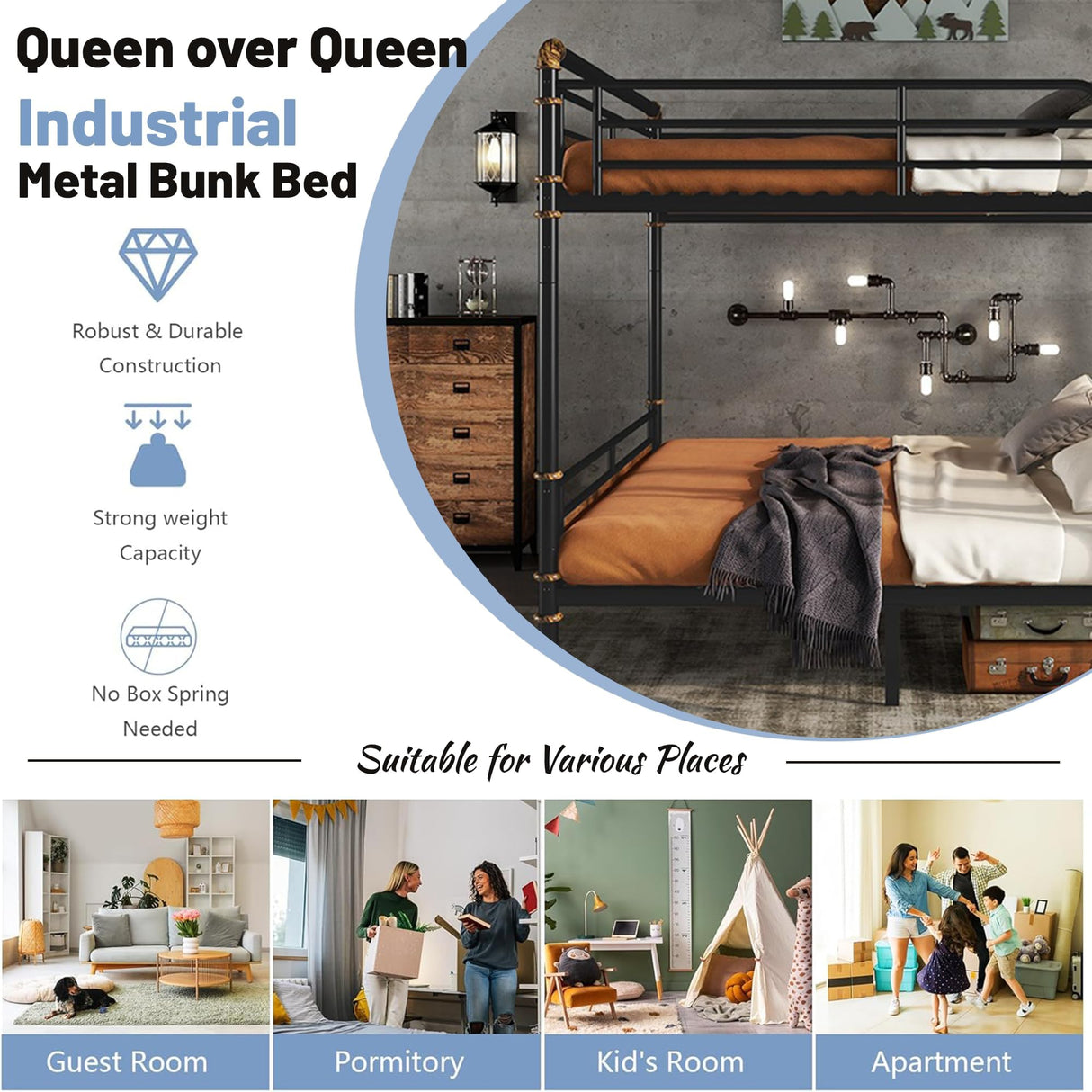 Duxelifin Queen Over Queen Metal Bunk Bed for Adults & Teens, Heavy-Duty Convertible Bunk Beds Queen Size Industrial Bunk Bed Frame with High Safety Rails and Ladders, No Box Spring Needed (Black) Duxelifin
