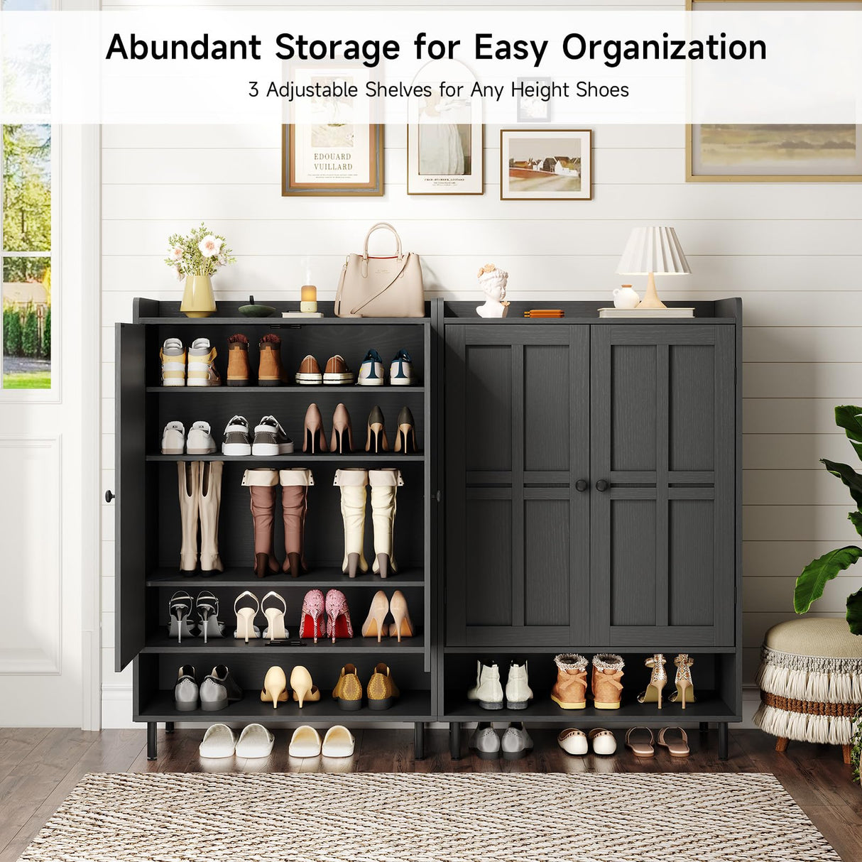 ONBRILL Shoe Cabinet with Cross Molding Doors, 6-Tier Shoe Storage Cabinet with 3 Adjustable Shelves and Metal Legs, 45'' Tall Shoes Rack Organizer Cabinet for Entryway, Front Door, Black ONBRILL
