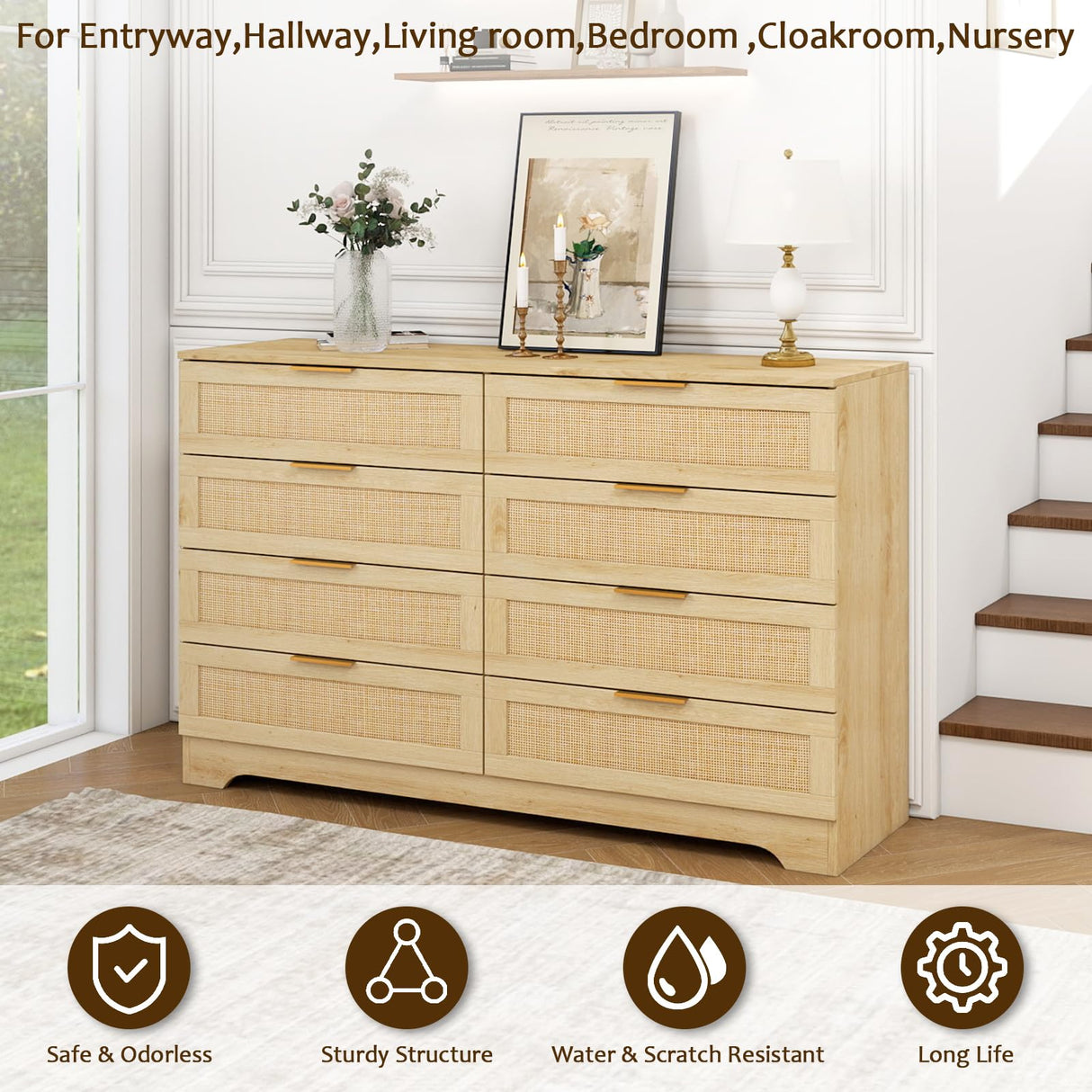 HOPUBUY 8 Drawer Dresser for Bedroom, Rattan Modern Closet Dressers Chest of Drawers, Boho Wood Double Wicker Dresser Storage Closet for Bedroom, Living Room, Entryway (Natural) HOPUBUY