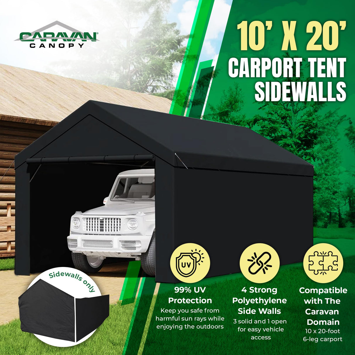 Caravan Canopy Domain 10 x 20 Foot Durable Sidewalls for Garage Carport Canopy Car Tent with Dual Zippers and Roll Up Door, Black (Sidewalls Only) Caravan