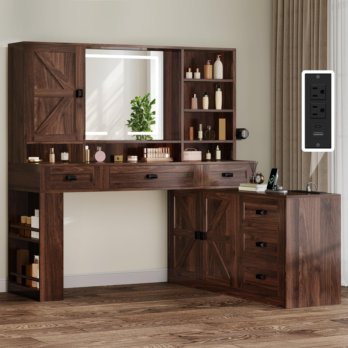 YITAHOME 68'' Farmhouse Makeup Vanity Desk with Mirror and Lights, 360° Rotation Big Modern Lighted Vanity Table with 6 Drawers & Lots Shelves, Rustic Large Dressing Table, Antique Brown YITAHOME