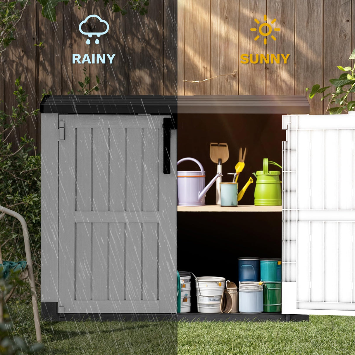 DWVO 36 cu ft Tool Storage Shed, Storage for Bakcyard, Patio, and Garden, Resin Plastic Shed with Sloped Lid, Lockable Door, and Wood Grain Finish, Light Gray DWVO