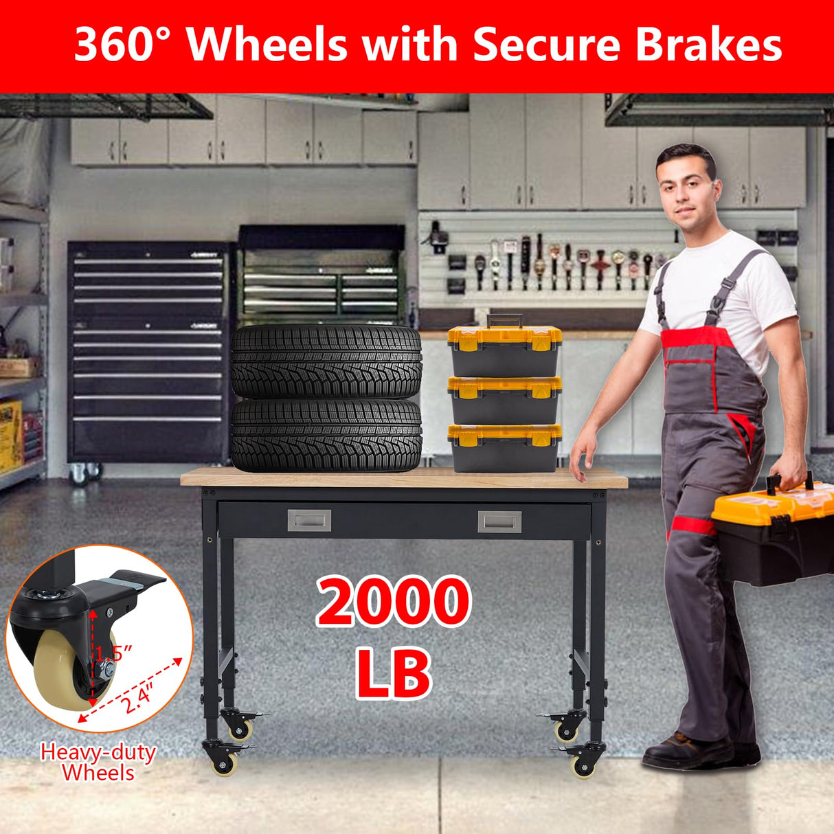 Sunvasagoo Adjustable Height Workbench - 48" Heavy Duty 2000 LB Load Capacity, Solid Rubber Wood Top, Sturdy Metal Frame, Workstation with Drawer, 4 Rolling Casters, Power Outlets for Garage Workshop Sunvasagoo