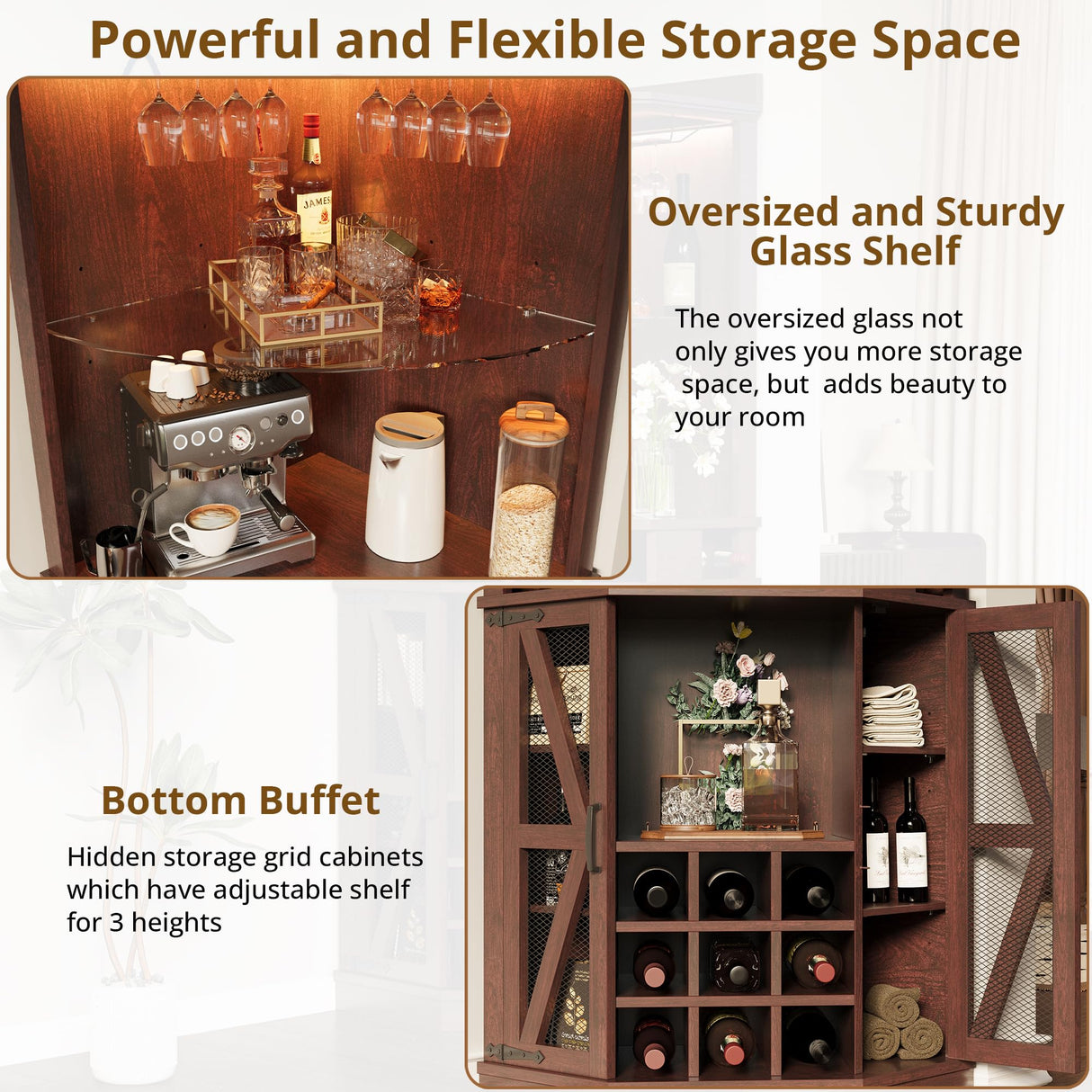 IRONCK Corner Bar Cabinet, 72.4" Tall Wine Cabinet with LED Light & Tempered Glass Rack, Home Bar Liquor Cabinet & Coffee Bar with Barn Door & Adjustable Shelf for Living Room, Dining Room, Red Walnut IRONCK