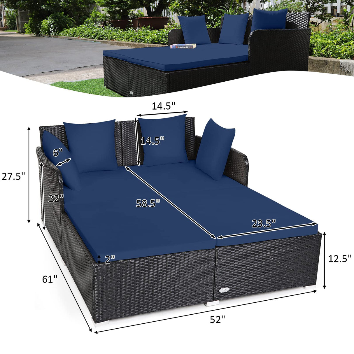 Tangkula Outdoor Rattan Daybed, Sunbed Wicker Furniture w/Spacious Seat, Upholstered Cushion & High-Resilience Sponge, Wicker Patio Sofa Set w/Extra Pillows for Courtyard Poolside (Navy) Tangkula