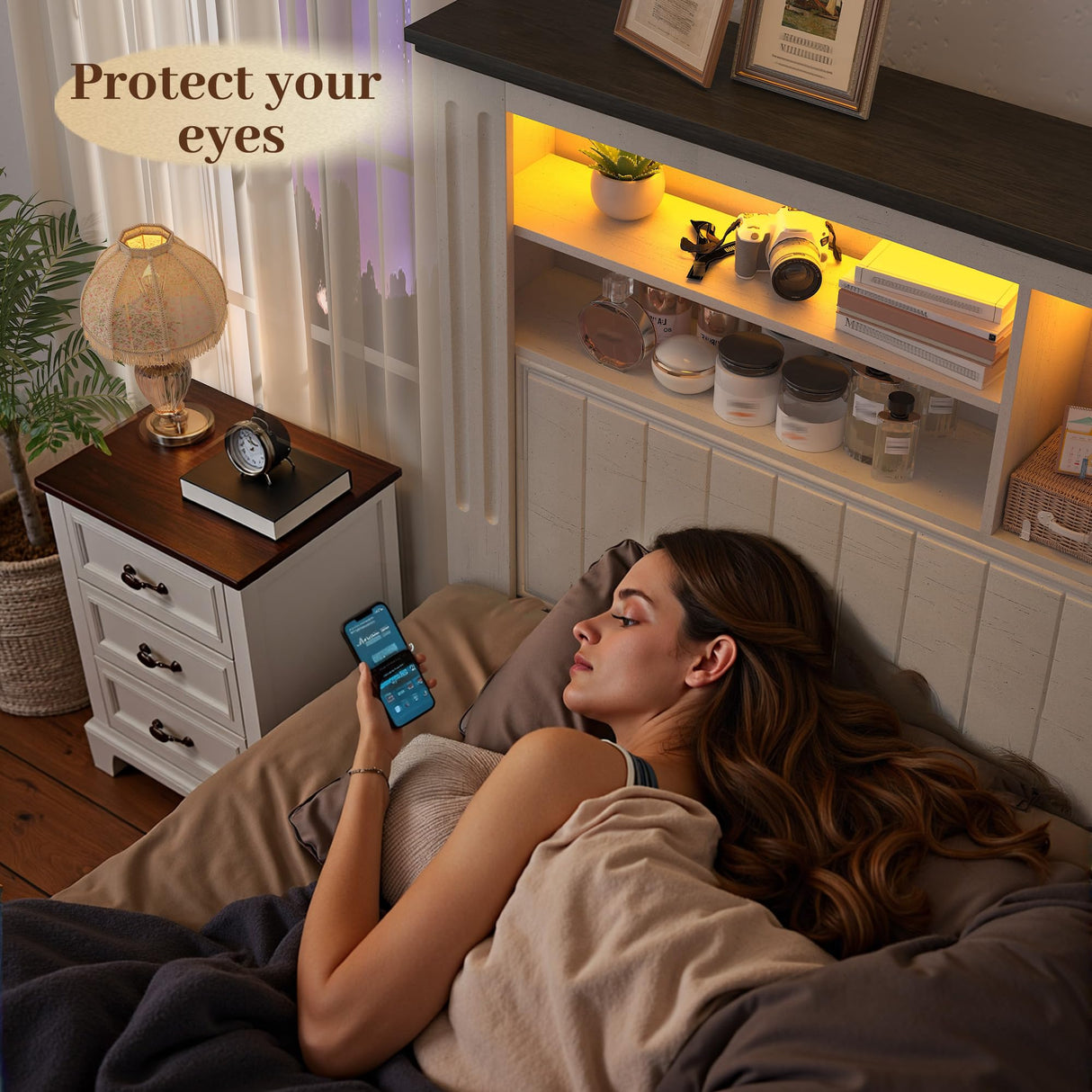 EnHomee Full Size Bed Frame with Headboard, Full Bed Frame with 4 Drawers Charging Port & LED, Farmhouse Bed Full Built in Charging Station,No Box Spring Needed,NO Noise,White with Grain Marks EnHomee