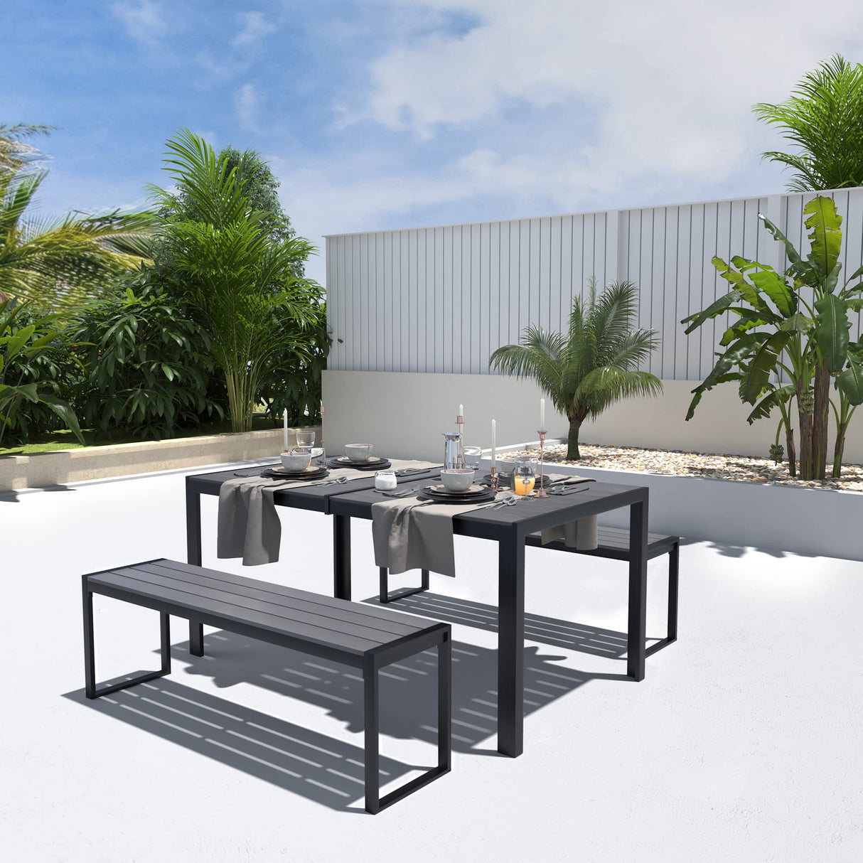 VICLLAX Outdoor Bench for Lawn Garden, Backless Patio Garden Bench, Grey Metal Frame VICLLAX