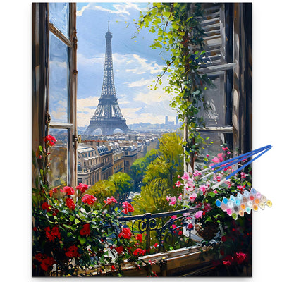 Artunion Paris Window View Paint by Numbers Kit for Adults, Eiffel Tower City Paint by Number Kits, DIY Acrylic Painting Paint by Number Kits on Canvas Arts Craft for Home Wall Decor 16x20 Inch