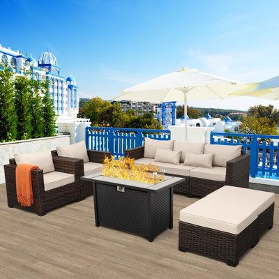 Oasishine 6 Pieces Outdoor Furniture 60000BTU Outdoor Propane Fire Pit Wicker Patio Furniture Set 45" Steel Fire Table Anti-Slip Cushions Waterproof Covers, Khaki