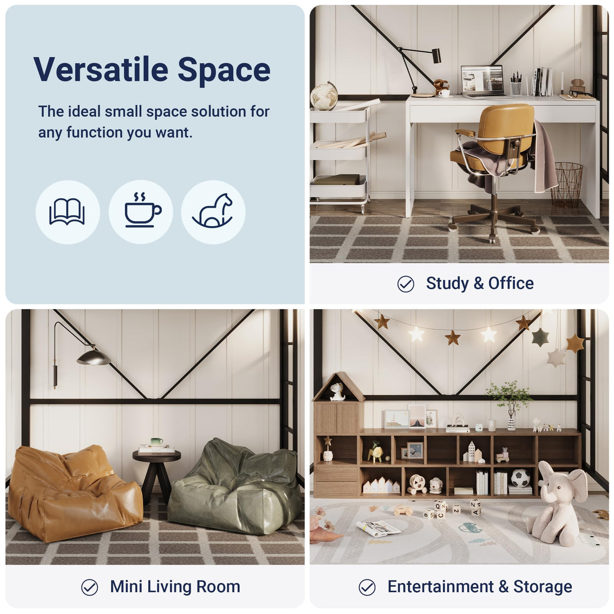 Allewie Black Twin Size Metal Loft Bed Frame with Stairs & Guardrails - Space-Saving Design, No Box Spring Needed Allewie