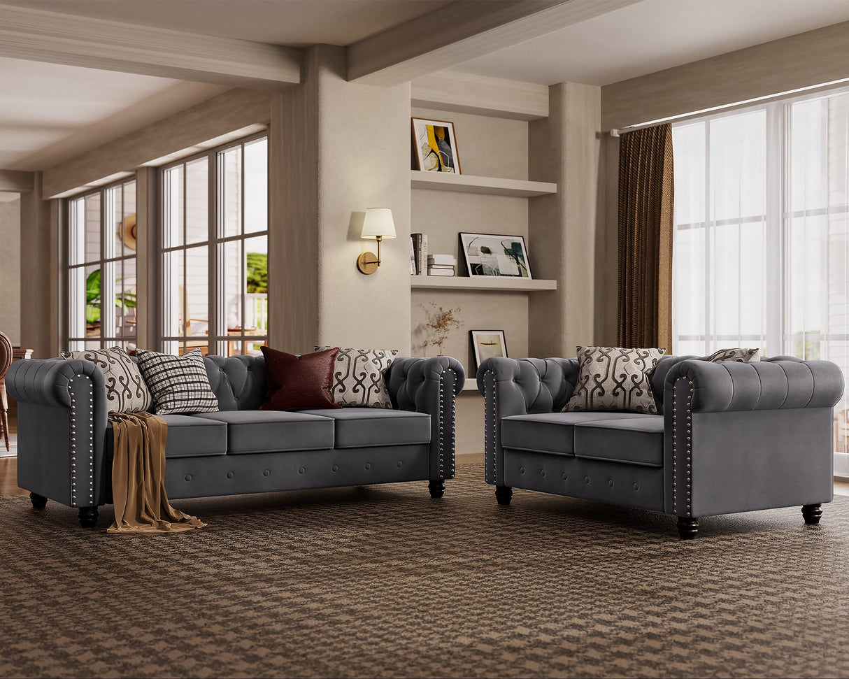 Morden Fort Classic Chesterfield Sofa Set 82'', Tufted Sofa Couch Set with Solid Wood Legs Thick Cushion, Pet-Friendly 3-Seater Sofas Couches for Living Room Bedroom Apartment - Velvet Grey Morden Fort