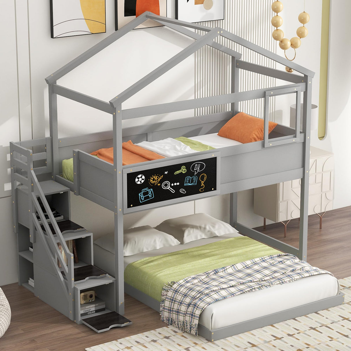 Harper & Bright Designs House Bunk Bed with Stairs,Twin Over Full Bunk Beds with Blackboard,Wood Kids Floor Bunk Bed Frame with Storage Shelves,Space-Saving Design, Gray Harper & Bright Designs
