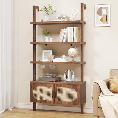 72" Tall Industrial Bookshelf Ladder with 1" Thick Wood - Faux Wood Grain Finish, 5-Tier Open Wall Mount Storage Cabinet with Rattan Doors, Rustic Brown