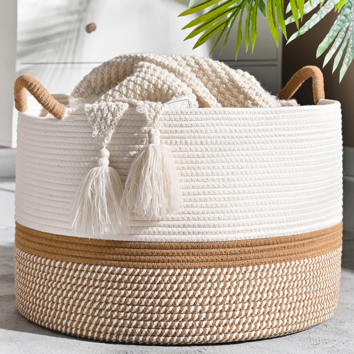 KAKAMAY Large Blanket Basket (20"x13"),Woven Baskets for storage Baby Laundry Hamper, Cotton Rope Blanket Basket for Living Room, Laundry, Nursery, Pillows, Baby Toy chest (White/Brown) KAKAMAY