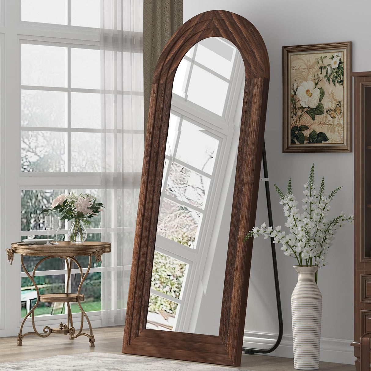 ZHUNFA Arched Full Length Mirror with Solid Wood Frame, 65x22 Farmhouse Wall Mounted Floor Mirror with Stand, Vertical Hanging, Leaning Standing for Bedroom, Living Room, Brown ZHUNFA