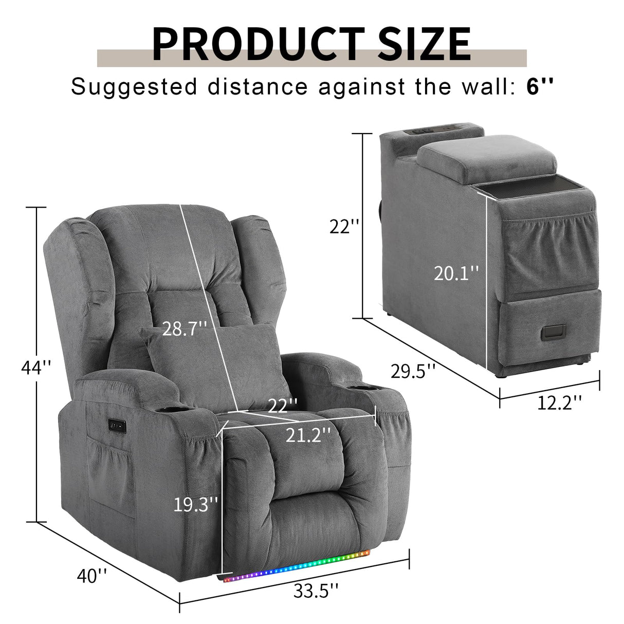 DRMBOOK Power Recliner Chair, Electric Wall Hugger Reclining Sofa with Massage & Heat, Overstuffed Theater Seating with LED/USB Port/Cup Holders for Living Room (Linen Grey, 1 Chair with Console) DRMBOOK