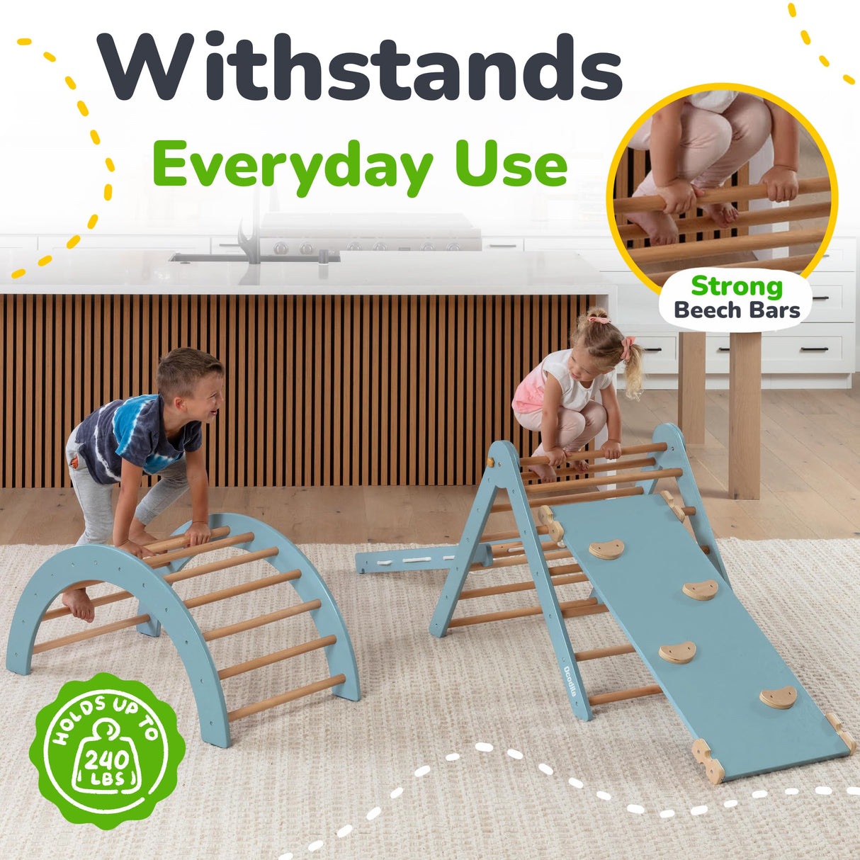 Ocodile Extra-Large 6-in-1 Pikler Triangle Climbing Set – Oversized Montessori Climbing Toys for Toddlers – Spacious Indoor Wooden Play Gym for Kids Ages 2-6 – Blue Ocodile