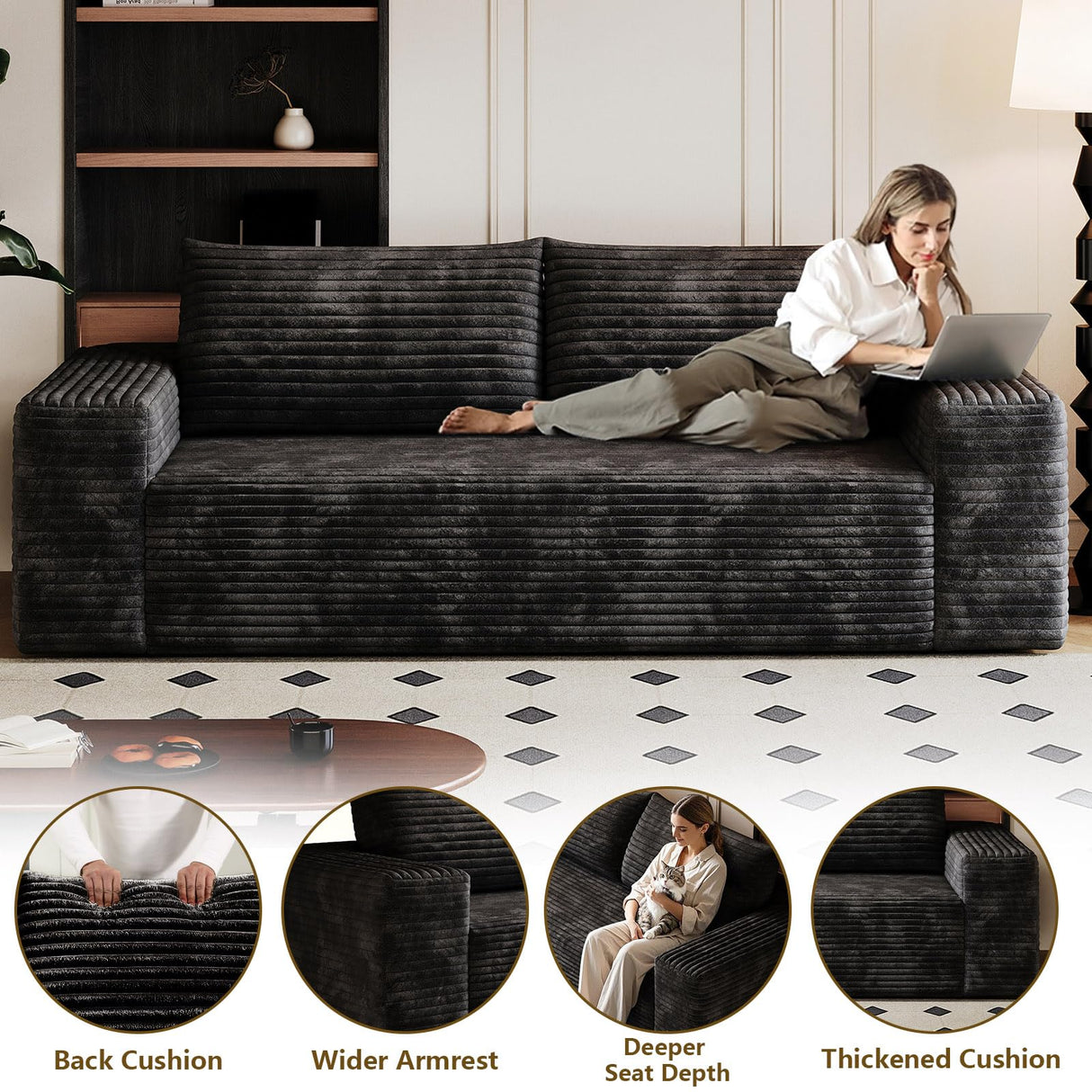 63" Boneless Loveseat Sofa - Cloud Couch with Memory Foam, Comfy Deep Seat - Corduroy Floor Sofa, No Assembly Required - Small Space Friendly for Living Room, Bedroom, Apartment, Black Sgapork
