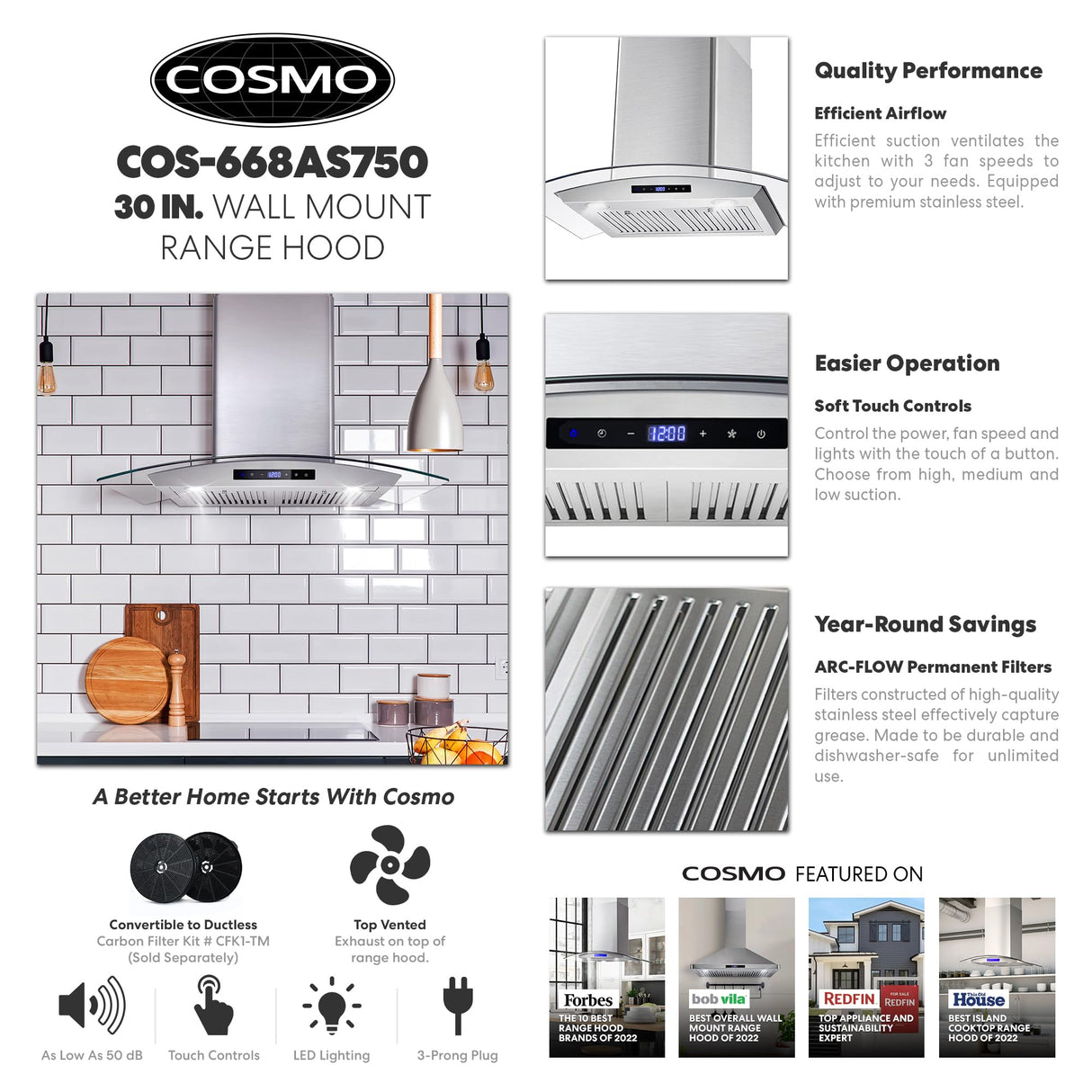 COSMO COS-668AS750 30 in. Vista Collection 380 CFM Ducted Wall Mount Range Hood, Touch Controls, LED Lights, Stainless Steel COSMO