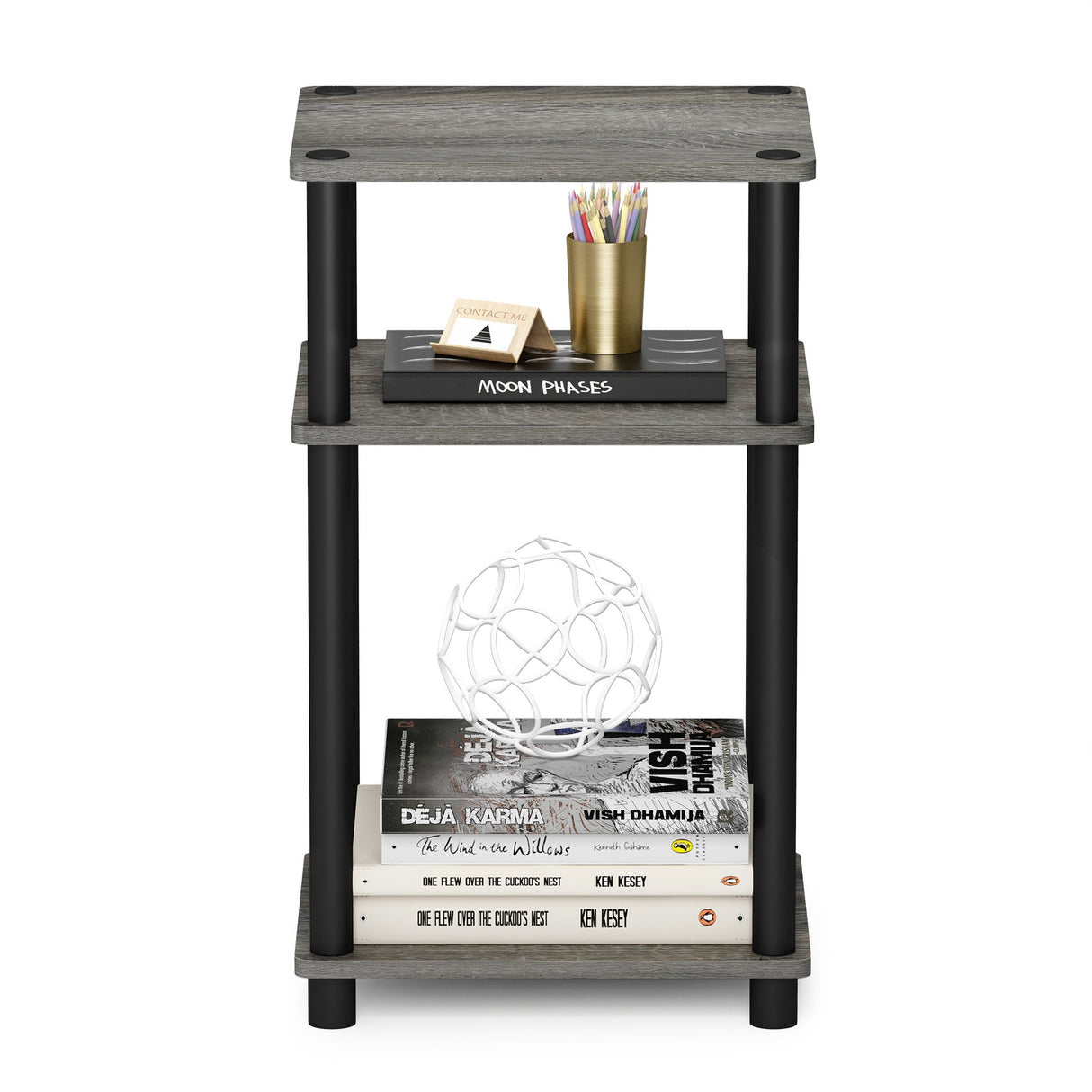 Furinno Just 3-Tier Turn-N-Tube End Table / Side Table / Night Stand / Bedside Table with Plastic Poles, 1-Pack, French Oak Grey/Black Furinno