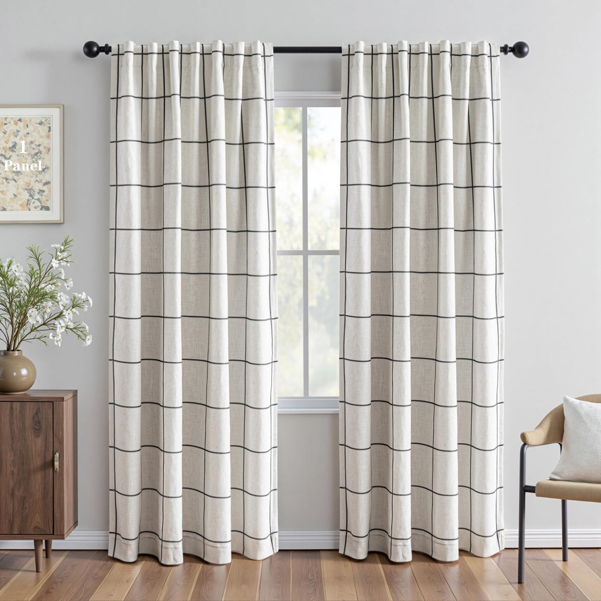 MYSKY HOME 100% Blackout Plaid Farmhouse Linen Curtains 84 Inch Long for Living Room Double Layer Windowpane Drapes Thermal Insulated Privacy Protection Rod Pocket Back Tab, 52" W, Black, 1 Panel MYSKY HOME